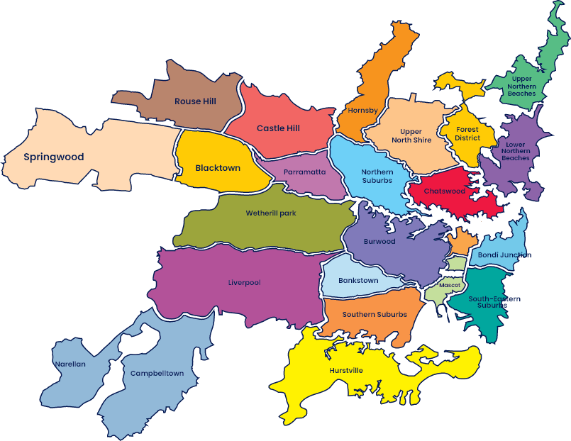 Map of Sydney suburbs for end of lease cleaning — Crazy Cleaning service locations